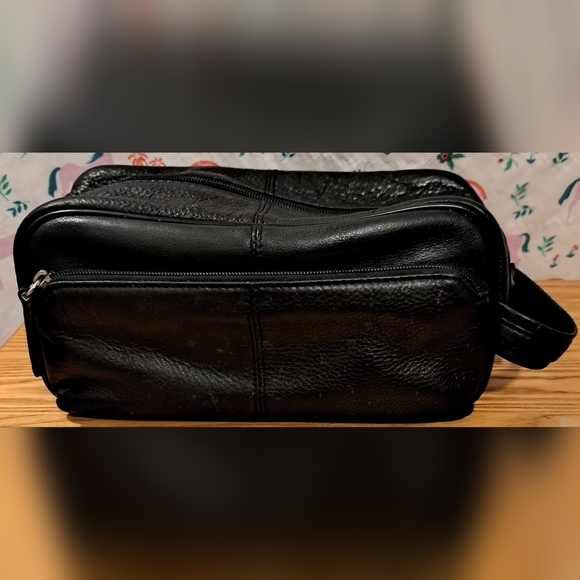 EUC Osgoode Marley Black Pebble Cashmere Leather Toiletry Shave Travel Pouch Bag - Picture 1 of 11